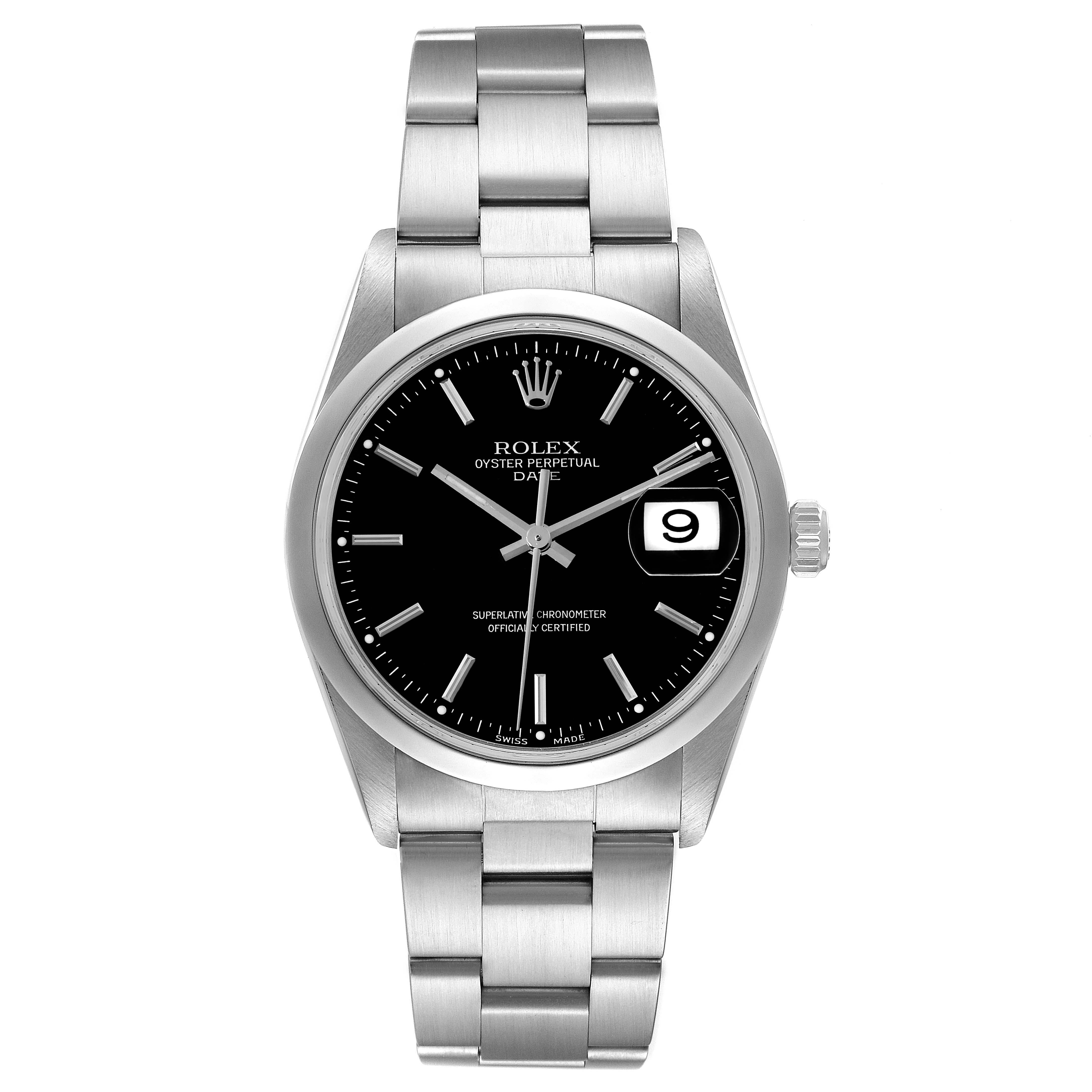 Rolex Date Black Dial Oyster Bracelet Steel Mens Watch 15200 Box Papers. Officially certified chronometer automatic self-winding movement. Stainless steel oyster case 34.0 mm in diameter. Rolex logo on the crown. Stainless steel smooth domed bezel.
