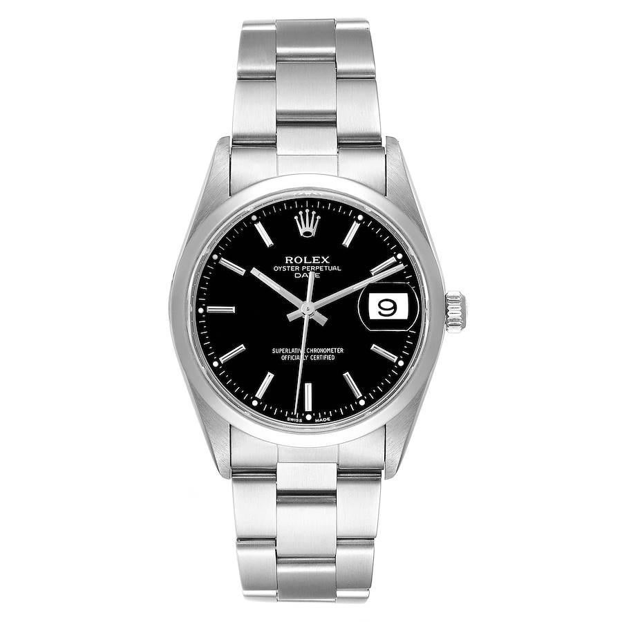 Rolex Date Black Dial Oyster Bracelet Steel Mens Watch 15200. Officially certified chronometer automatic self-winding movement. Stainless steel oyster case 34.0 mm in diameter. Rolex logo on the crown. Stainless steel smooth domed bezel. Scratch