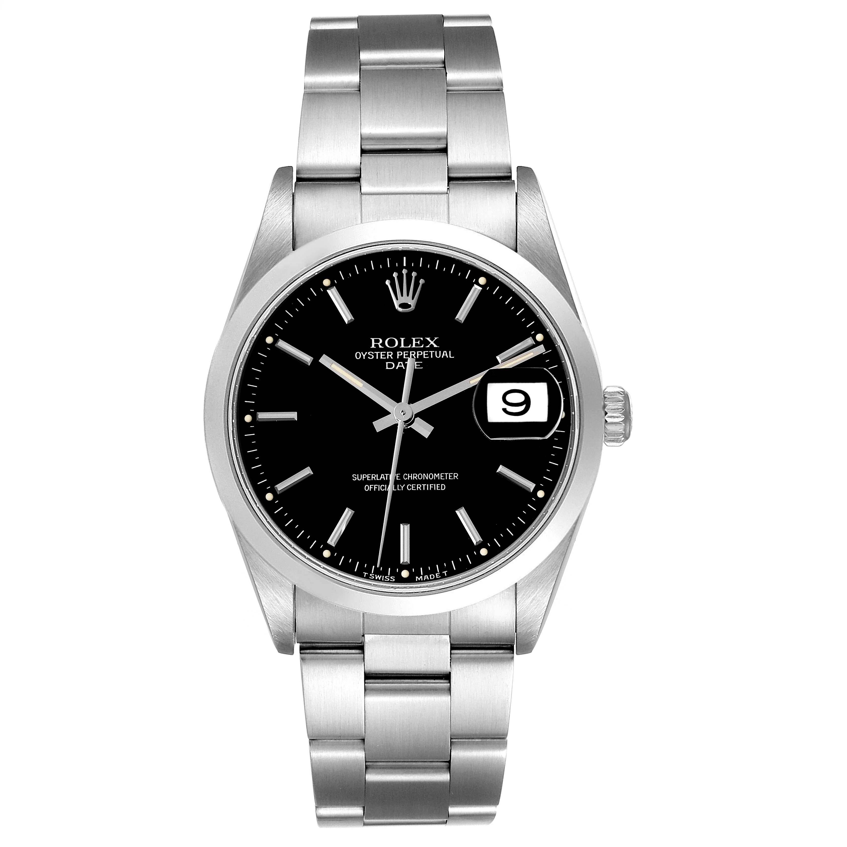 Rolex Date Black Dial Oyster Bracelet Steel Mens Watch 15200. Officially certified chronometer automatic self-winding movement. Stainless steel oyster case 34.0 mm in diameter. Rolex logo on the crown. Stainless steel smooth domed bezel. Scratch