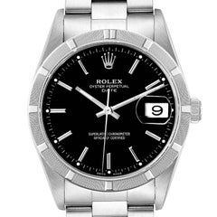 Rolex Date Black Dial Oyster Bracelet Steel Mens Watch 15210 Box Papers