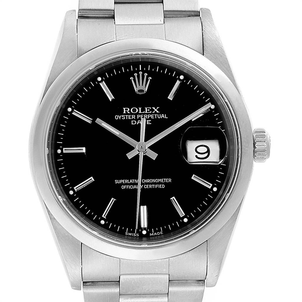 Rolex Date Black Dial Oyster Bracelt Steel Mens Watch 15200. Officially certified chronometer self-winding movement. Stainless steel oyster case 34.0 mm in diameter. Rolex logo on a crown. Stainless steel smooth domed bezel. Scratch resistant