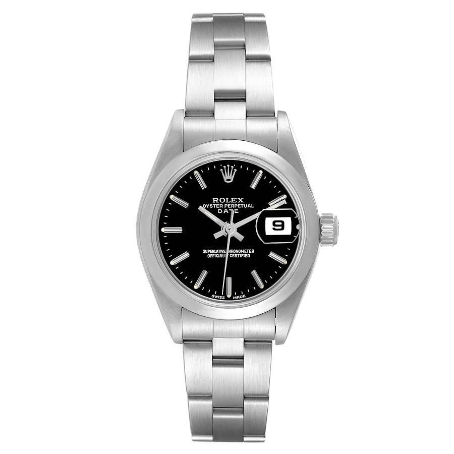 Rolex Date Black Dial Smooth Bezel Steel Ladies Watch 79160. Officially certified chronometer automatic self-winding movement. Stainless steel oyster case 26.0 mm in diameter. Rolex logo on the crown. Stainless steel smooth bezel. Scratch resistant