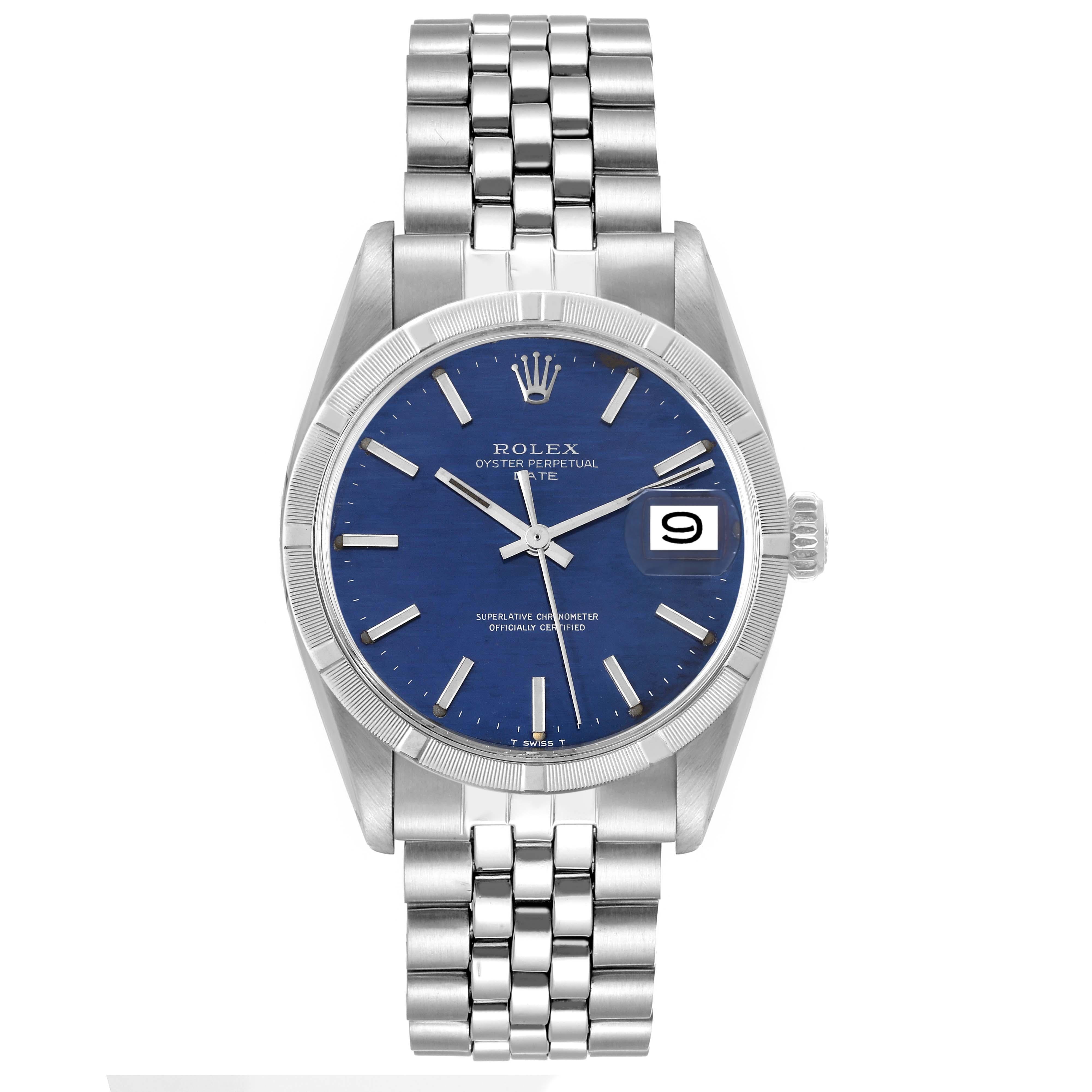 Rolex Date Blue Brick Dial Engine Turned Bezel Vintage Steel Mens Watch 1501. Officially certified chronometer automatic self-winding movement. Stainless steel oyster case 35.0 mm in diameter. Rolex logo on the crown. Stainless steel engine turned