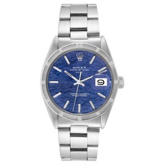 Rolex Date Blue Brick Dial Engine Turned Bezel Vintage Steel Mens Watch 1501