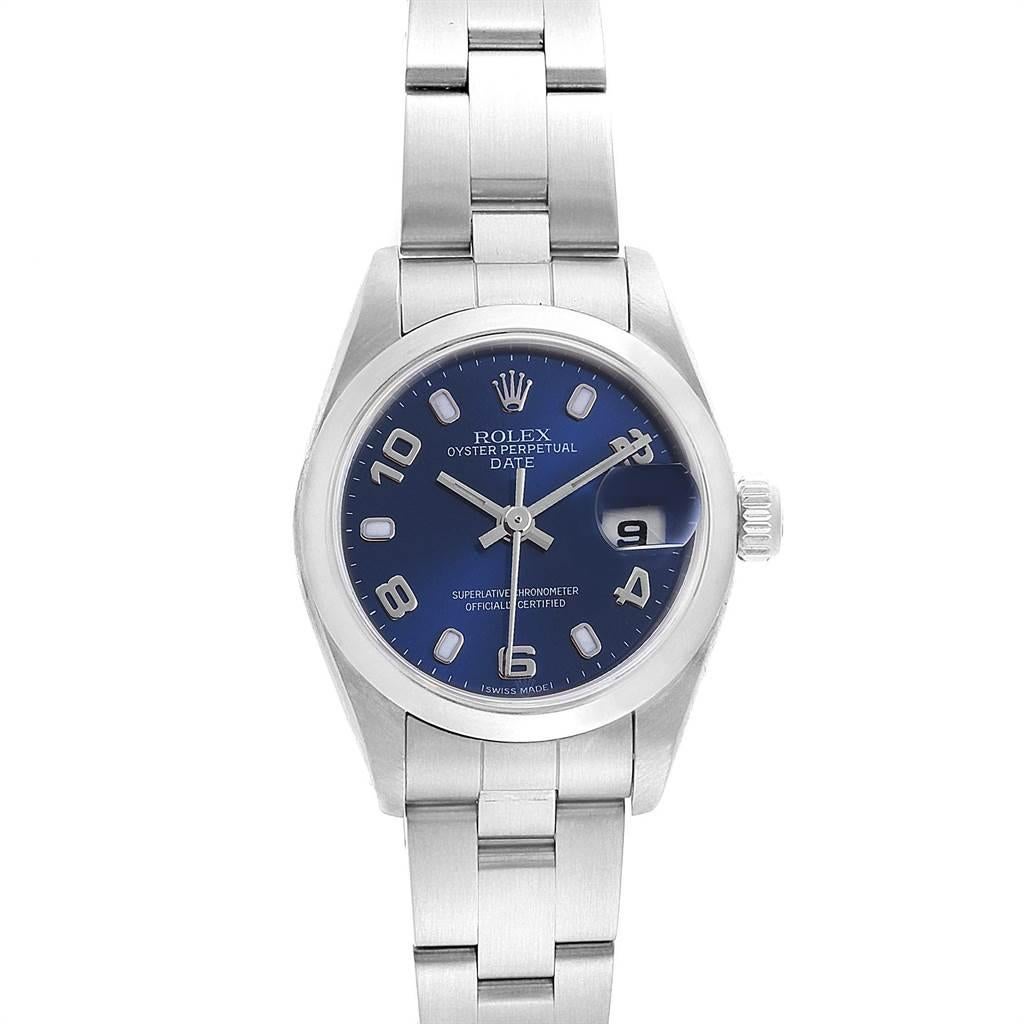 Rolex Date Blue Dial Domed Bezel Steel Ladies Watch 79160. Officially certified chronometer self-winding movement. Stainless steel oyster case 25.0 mm in diameter. Rolex logo on a crown. Stainless steel smooth bezel. Scratch resistant sapphire