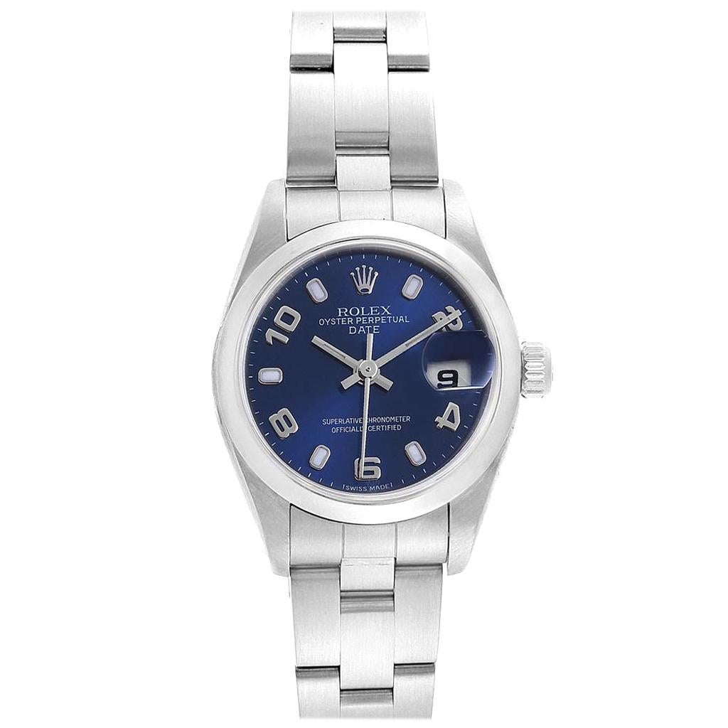 Rolex Date Blue Dial Domed Bezel Steel Ladies Watch 79160 For Sale