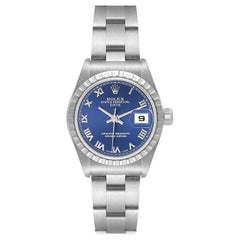 Rolex Date Blue Dial Engine Turned Bezel Steel Ladies Watch 79240