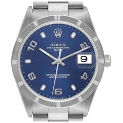 Rolex Date Cadran Bleu Moteur Tourné Lunette Acier Montre Homme 15210 Boîte Papiers