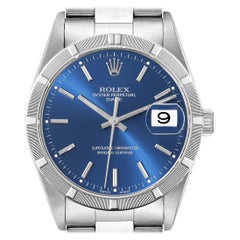 Rolex Date Cadran Bleu Moteur Tourné Lunette Acier Montre Homme 15210 Boîte Papiers