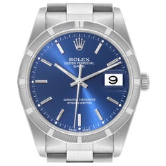 Rolex Date Cadran Bleu Moteur Tourné Lunette Acier Montre Homme 15210 Boîte Papiers