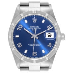 Rolex Date Cadran Bleu Moteur Tourné Lunette Acier Montre Homme 15210 Boîte Papiers