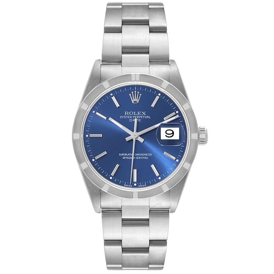 Rolex Date Blue Dial Engine Turned Bezel Steel Mens Watch 15210. Officially certified chronometer self-winding movement. Stainless steel oyster case 34 mm in diameter. Rolex logo on a crown. Stainless steel engine turned bezel. Scratch resistant
