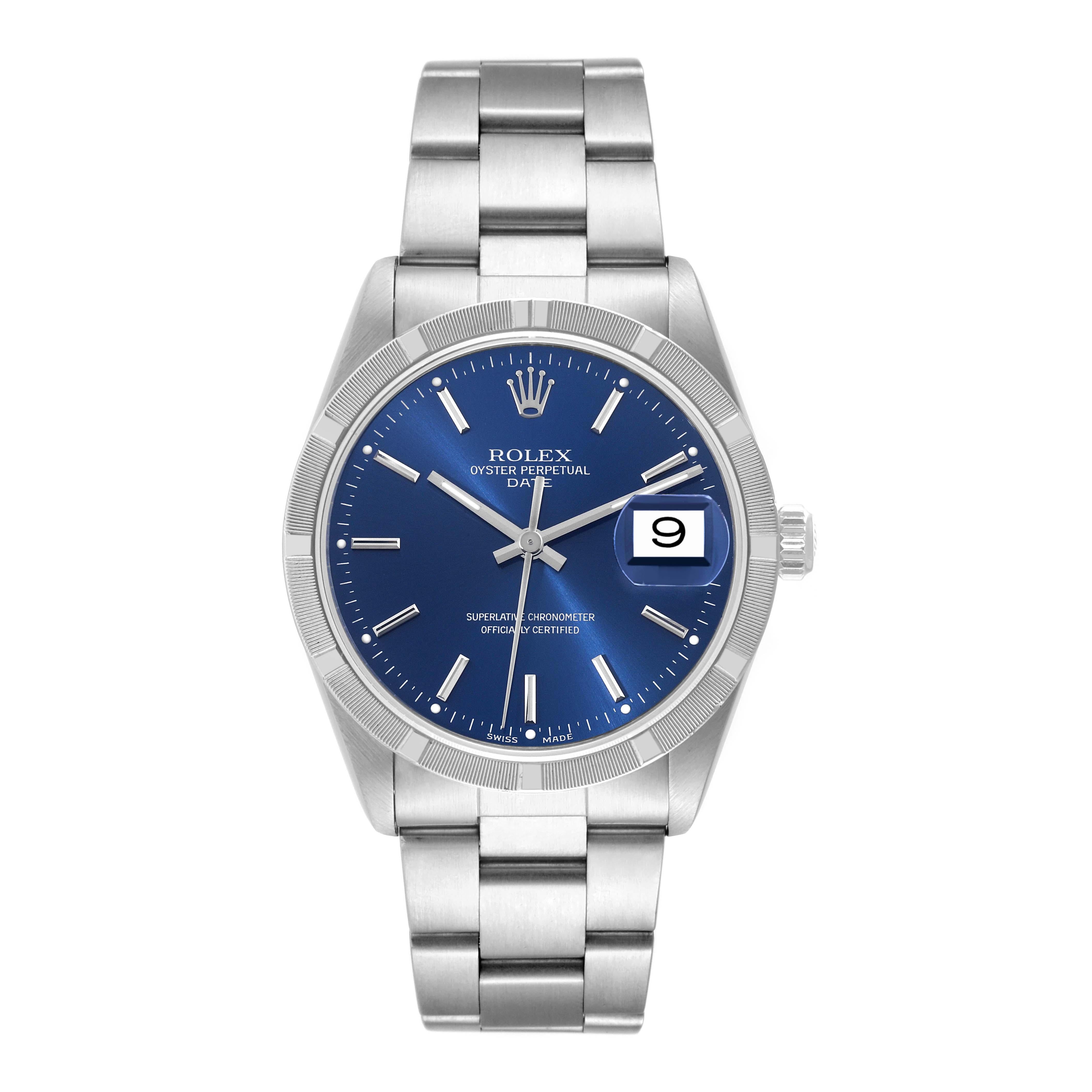 Rolex Date Blue Dial Engine Turned Bezel Steel Mens Watch 15210. Officially certified chronometer self-winding movement. Stainless steel oyster case 34 mm in diameter. Rolex logo on a crown. Stainless steel engine turned bezel. Scratch resistant