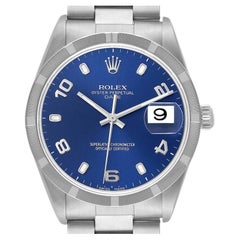 Rolex Date Blue Dial Engine Turned Bezel Steel Mens Watch 15210