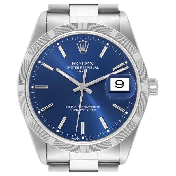 Rolex Date Blue Dial Engine Turned Bezel Steel Mens Watch 15210 For ...