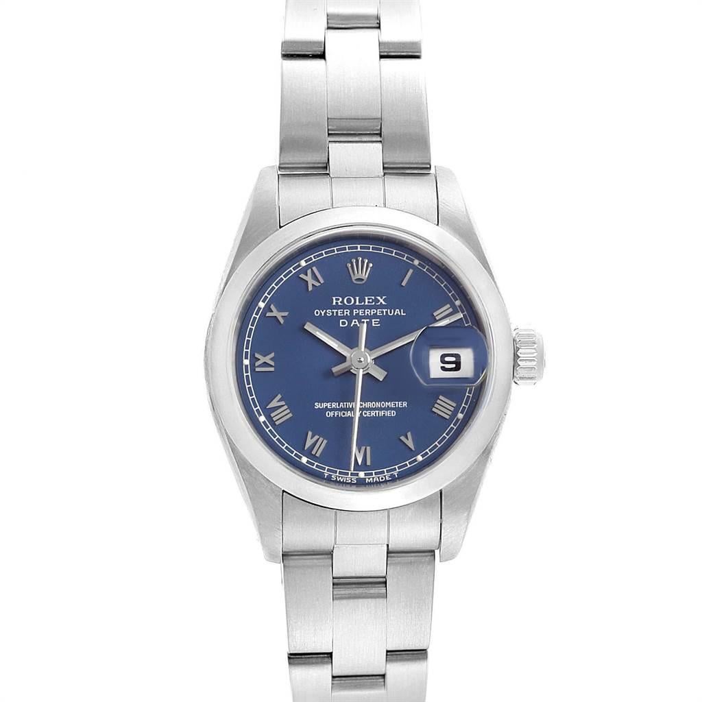 Rolex Date Blue Dial Oyster Bracelet Steel Ladies Watch 69160. Officially certified chronometer self-winding movement. Stainless steel oyster case 26.0 mm in diameter. Rolex logo on a crown. Stainless steel smooth bezel. Scratch resistant sapphire
