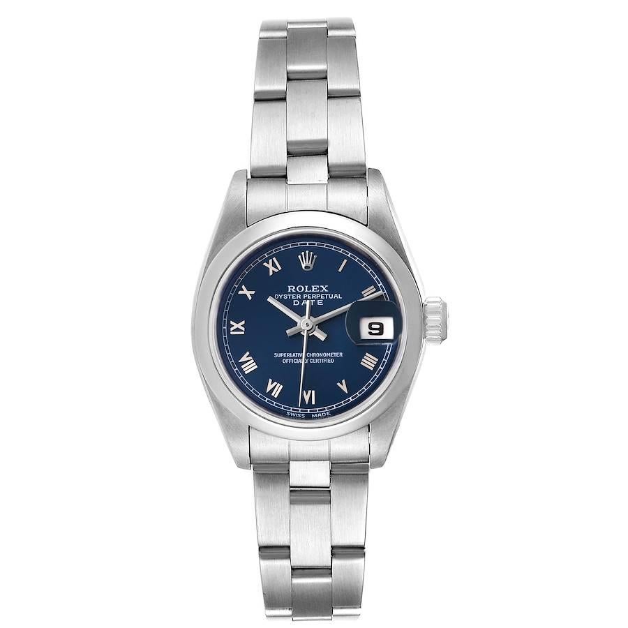 Rolex Date Blue Dial Oyster Bracelet Steel Ladies Watch 69160. Officially certified chronometer self-winding movement. Stainless steel oyster case 26.0 mm in diameter. Rolex logo on a crown. Stainless steel smooth bezel. Scratch resistant sapphire