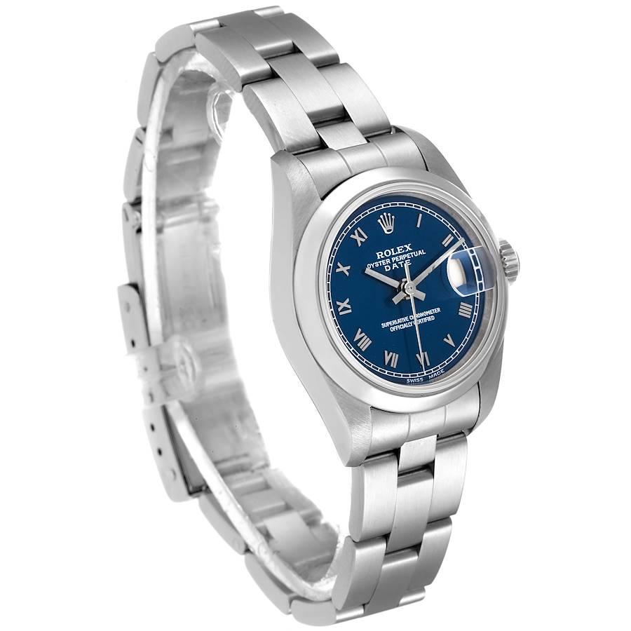 Rolex Date Blue Dial Oyster Bracelet Steel Ladies Watch 69160 In Excellent Condition In Atlanta, GA