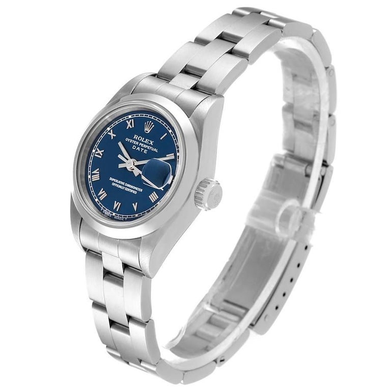 Rolex Damenuhr aus Stahl mit blauem Zifferblatt und Austernarmband 69160 im Angebot bei 1stDibs