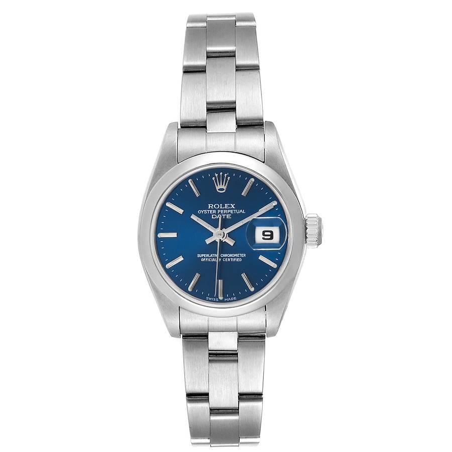 Rolex Date Blue Dial Oyster Bracelet Steel Ladies Watch 69160 Papers. Officially certified chronometer self-winding movement. Stainless steel oyster case 26.0 mm in diameter. Rolex logo on a crown. Stainless steel smooth bezel. Scratch resistant
