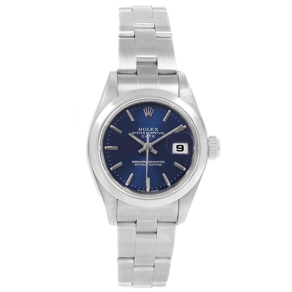 Rolex Date Blue Dial Oyster Bracelet Steel Ladies Watch 79160. Officially certified chronometer self-winding movement. Stainless steel oyster case 25.0 mm in diameter. Rolex logo on a crown. Stainless steel smooth bezel. Scratch resistant sapphire