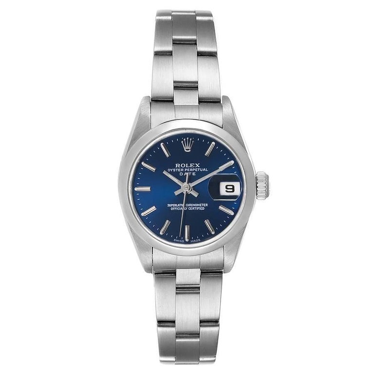 Rolex Damenuhr aus Stahl mit blauem Zifferblatt und Oyster-Armband 79160 im  Angebot bei 1stDibs