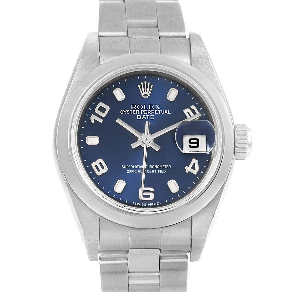 Rolex Date Blue Dial Oyster Bracelet Steel Ladies Watch 79240. Officially certified chronometer self-winding movement. Stainless steel oyster case 26.0 mm in diameter. Rolex logo on a crown. Stainless steel smooth domed bezel. Scratch resistant