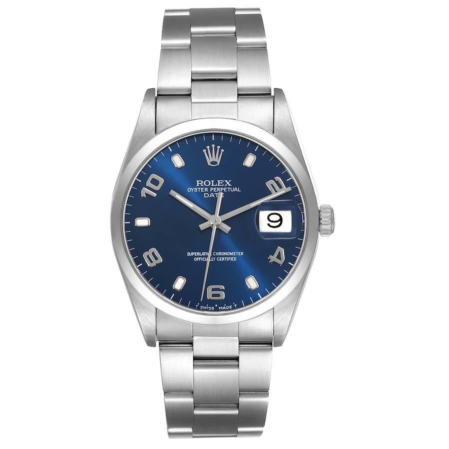 Rolex Date Blue Dial Oyster Bracelet Steel Mens Watch 15200 Box Papers. Officially certified chronometer self-winding movement. Stainless steel oyster case 34.0 mm in diameter. Rolex logo on the crown. Stainless steel smooth domed bezel. Scratch