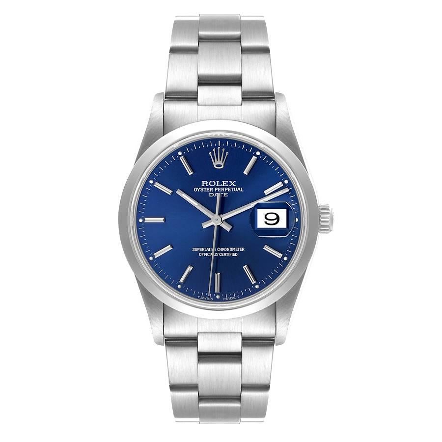 Rolex Date Blue Dial Oyster Bracelet Steel Mens Watch 15200. Officially certified chronometer self-winding movement. Stainless steel oyster case 34.0 mm in diameter. Rolex logo on a crown. Stainless steel smooth domed bezel. Scratch resistant
