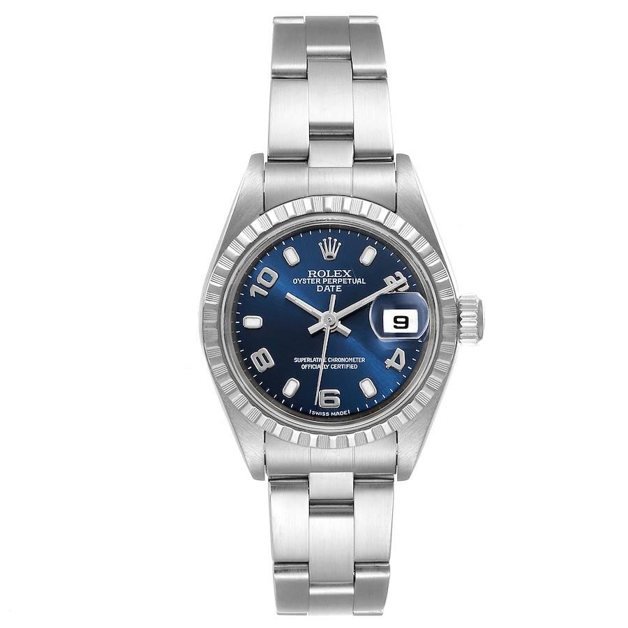 Rolex Date Blue Dial Oyster Bracelet Steel Watch 79240. Officially certified chronometer self-winding movement. Stainless steel oyster case 26 mm in diameter. Rolex logo on a crown. Stainless steel engined turned bezel. Scratch resistant sapphire