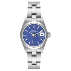 Rolex Date Blue Dial Smooth Bezel Steel Ladies Watch 69160 Box Papers