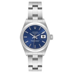 Rolex Date Cadran bleu Lunette lisse Acier Montre Femme 69160 Boîte Papiers