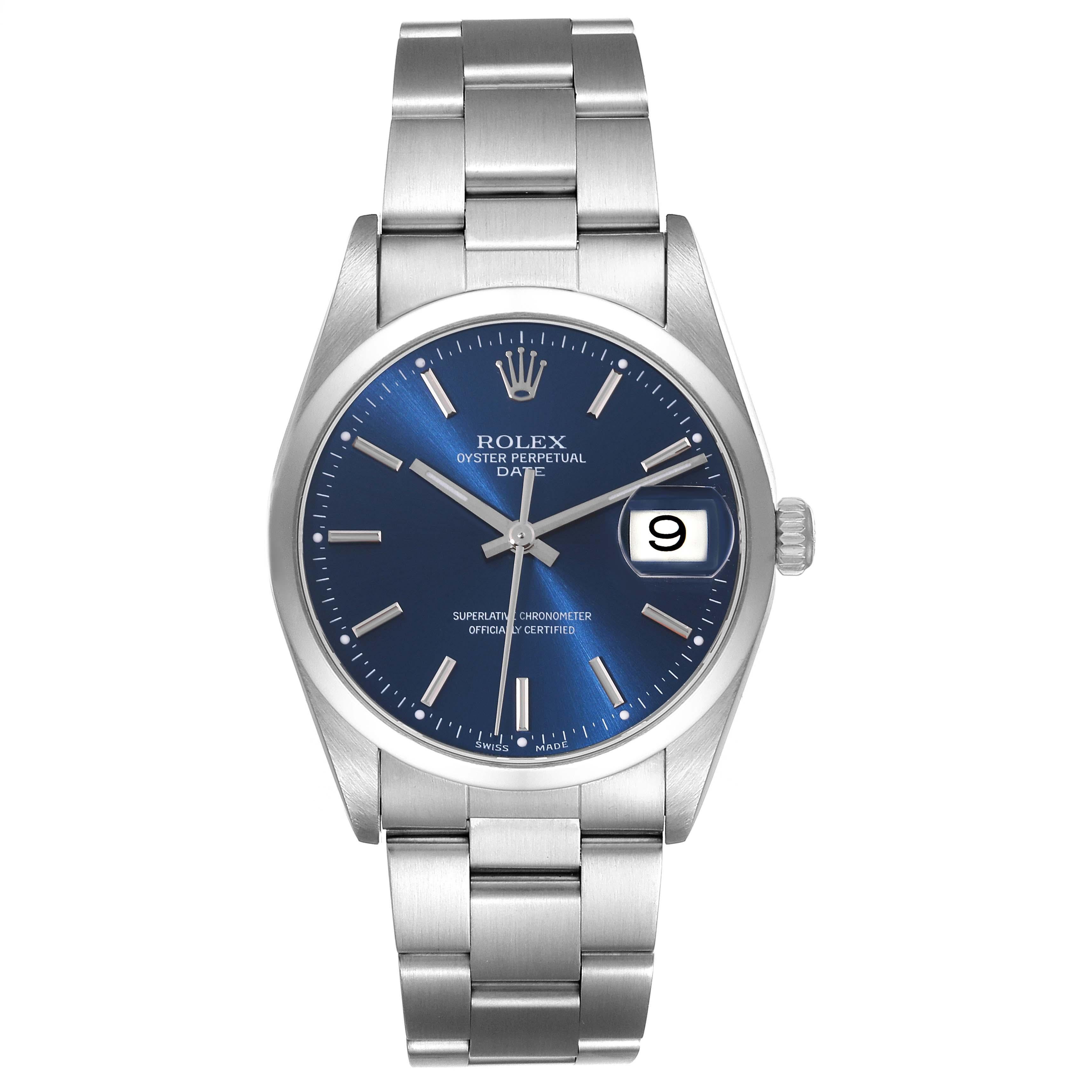 Rolex Date Blue Dial Smooth Bezel Steel Mens Watch 15200 Box Papers. Officially certified chronometer automatic self-winding movement. Stainless steel oyster case 34.0 mm in diameter. Rolex logo on the crown. Stainless steel smooth bezel. Scratch