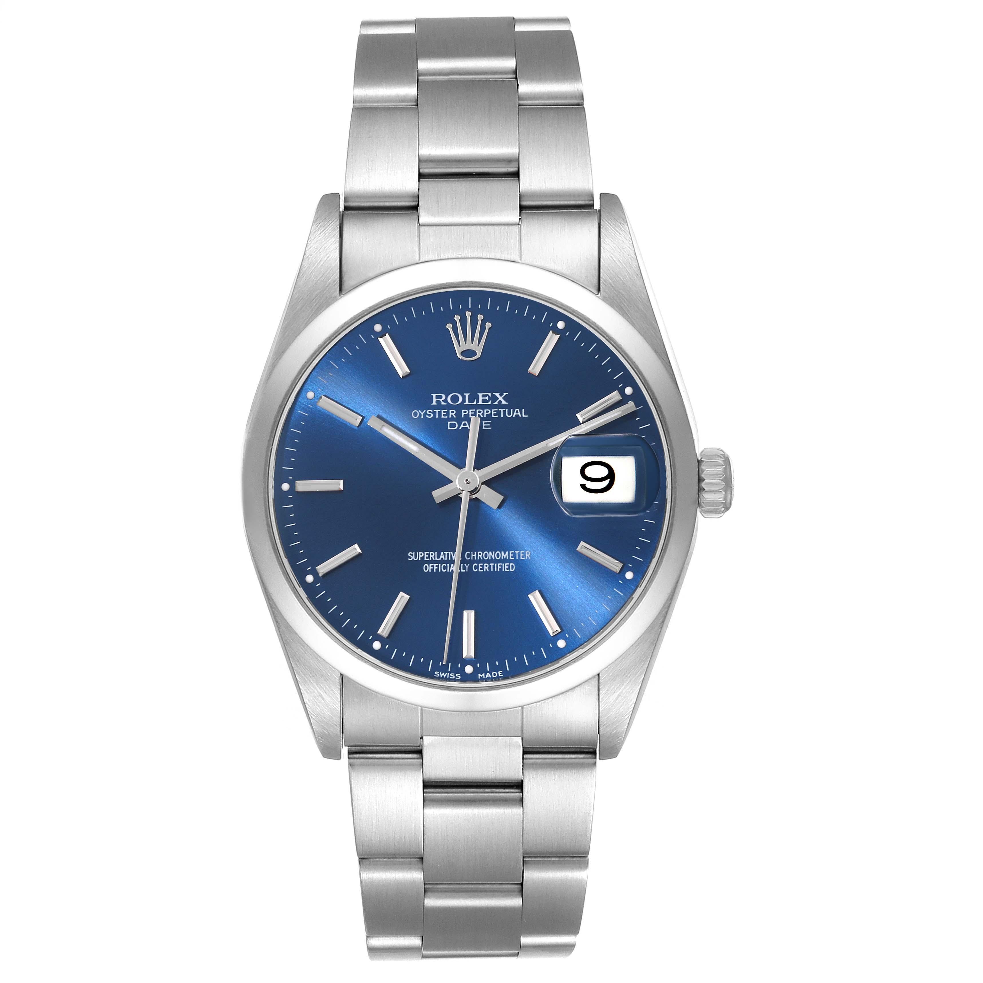 Rolex Date Blue Dial Smooth Bezel Steel Mens Watch 15200 In Excellent Condition In Atlanta, GA