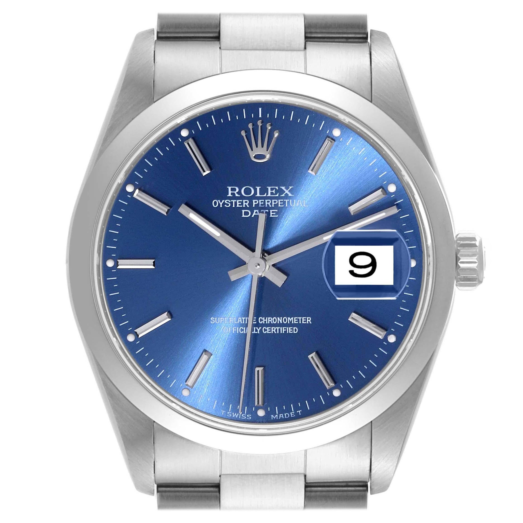 Rolex Date Blue Dial Smooth Bezel Steel Mens Watch 15200