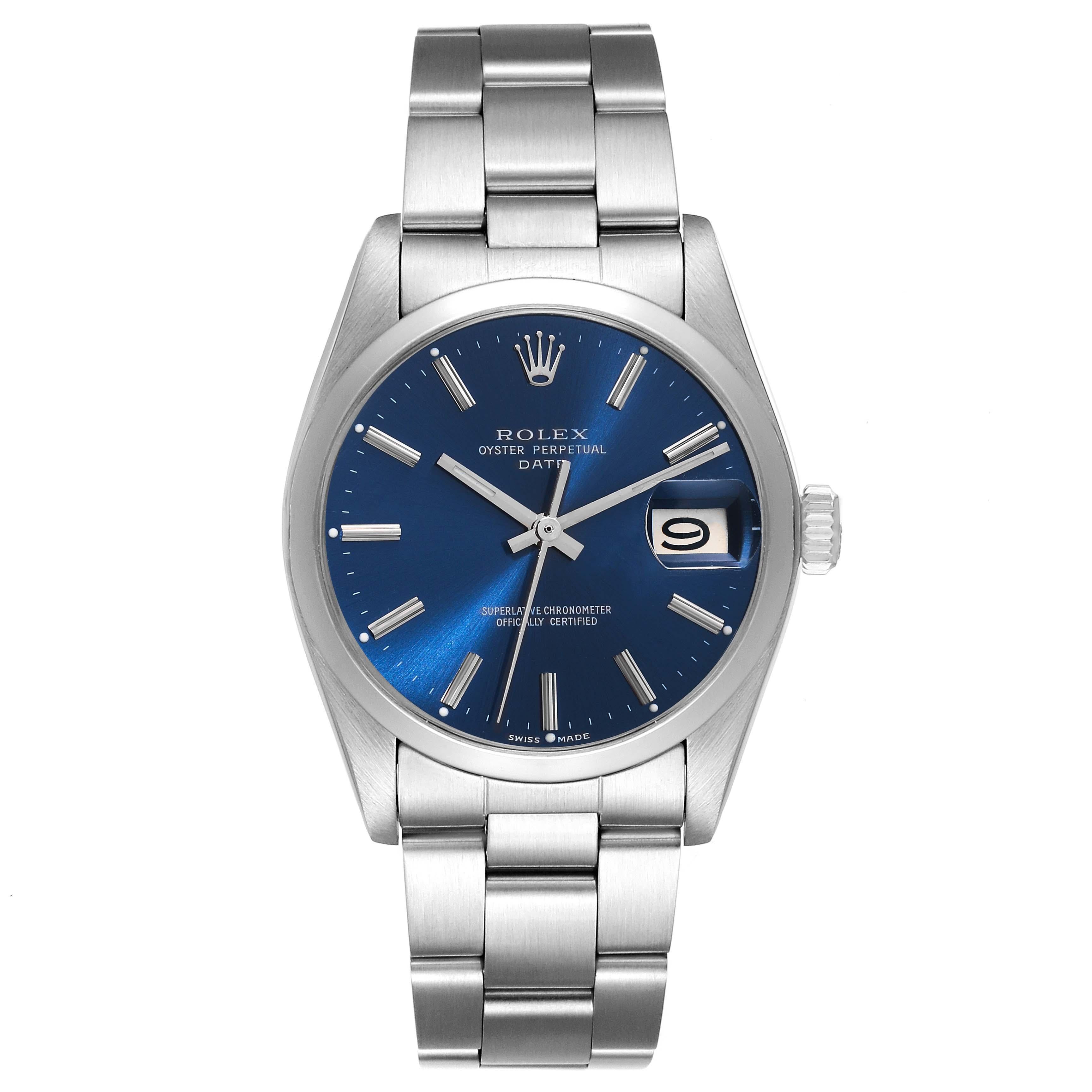 Rolex Date Blue Dial Vintage Steel Mens Watch 1500. Officially certified chronometer automatic self-winding movement. Stainless steel oyster case 34.0 mm in diameter. Rolex logo on the crown. Stainless steel smooth bezel. Acrylic crystal with