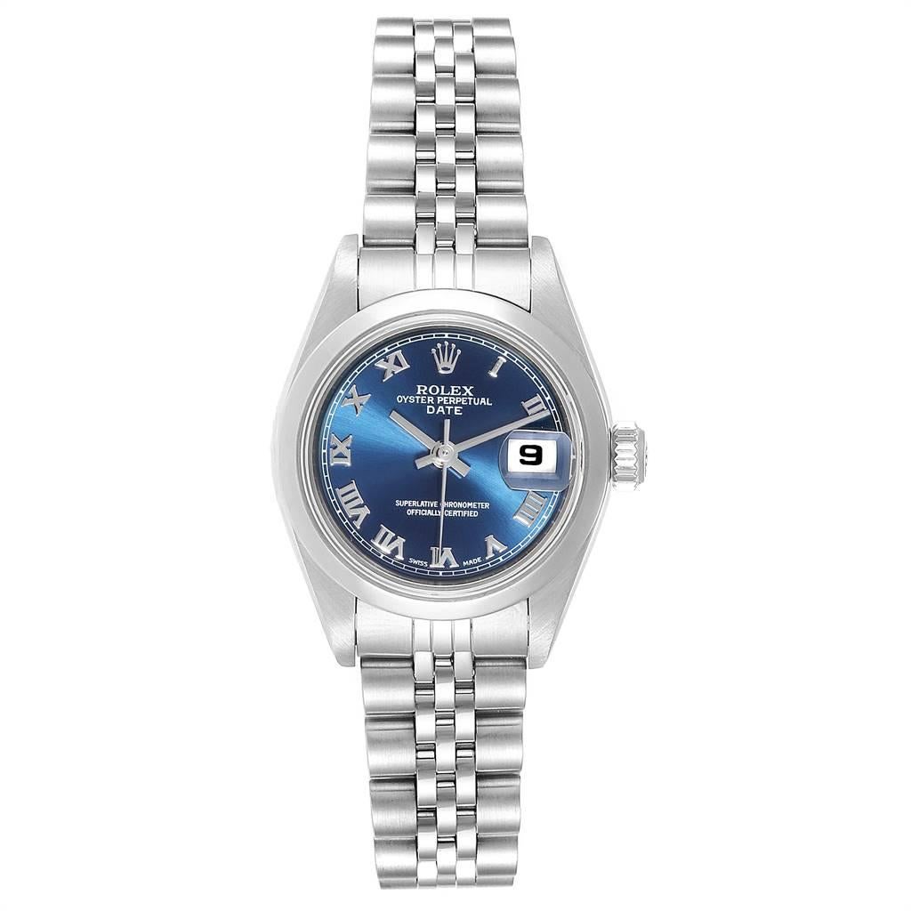 Rolex Date Blue Roman Dial Steel Ladies Watch 79160 Box Papers. Officially certified chronometer self-winding movement. Stainless steel oyster case 25.0 mm in diameter. Rolex logo on a crown. Stainless steel smooth bezel. Scratch resistant sapphire