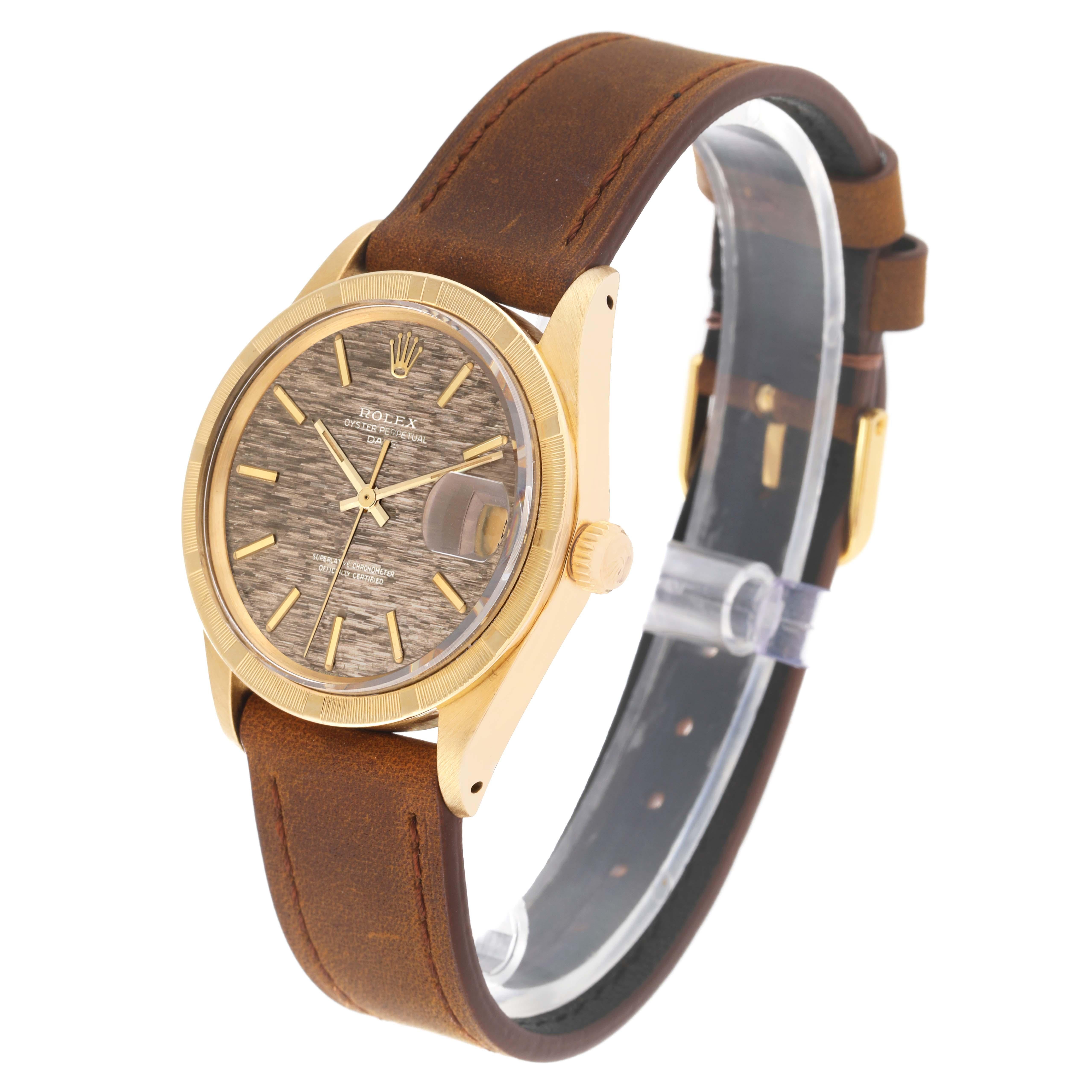 Men's Rolex Date Brick Dial Engine Turned Bezel Vintage Yellow Gold Mens Watch 1501