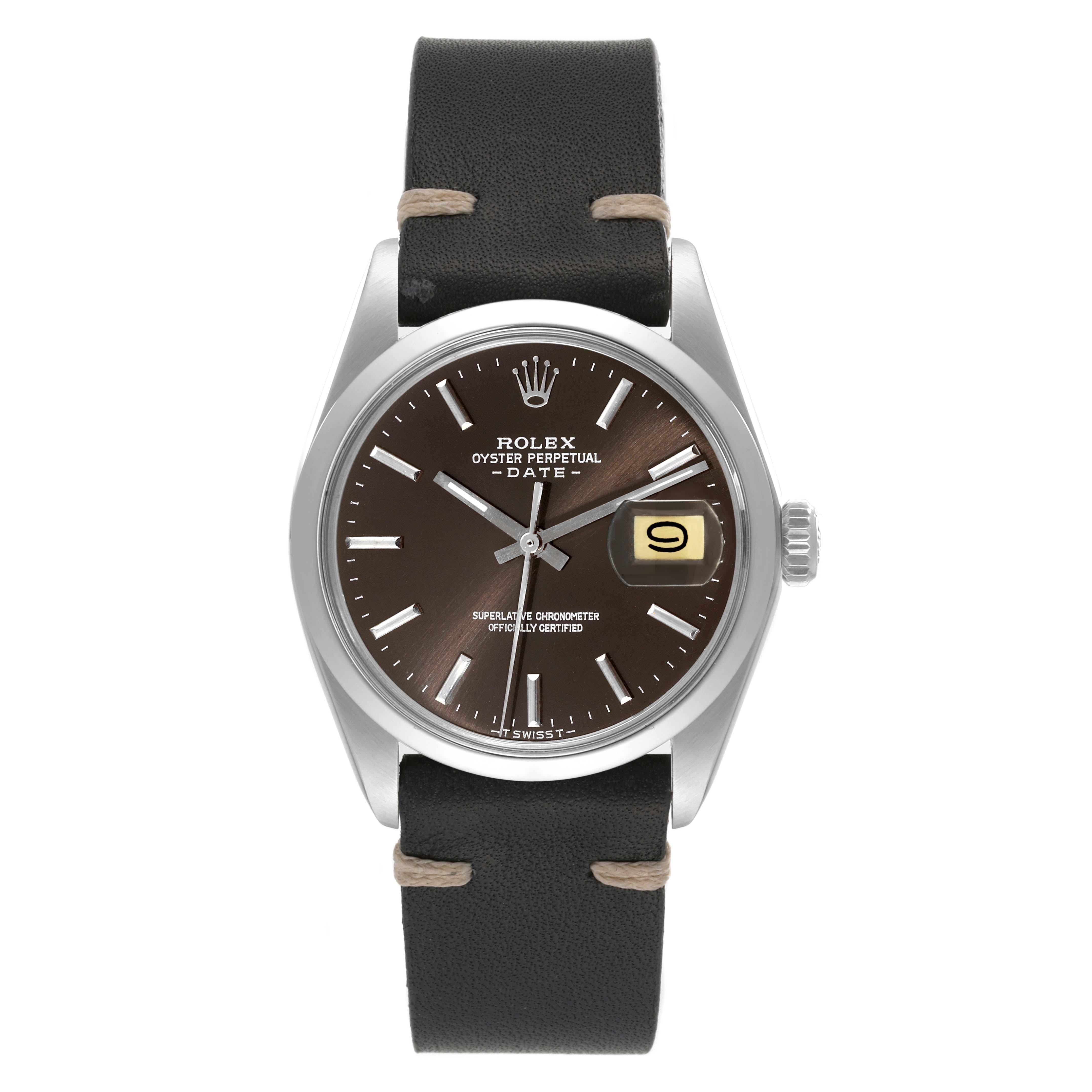 Rolex Date Brown Dial Steel Vintage Mens Watch 1500. Officially certified chronometer automatic self-winding movement. Stainless steel oyster case 34.0 mm in diameter. Rolex logo on the crown. Stainless steel smooth bezel. Acrylic crystal with