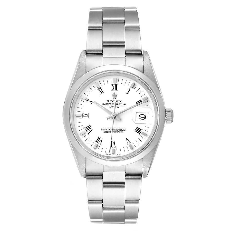 Rolex Date Domed Bezel Oyster Bracelet Steel Mens Watch 15200 Box. Officially certified chronometer self-winding movement. Stainless steel oyster case 34 mm in diameter. Rolex logo on a crown. Stainless steel smooth domed bezel. Scratch resistant