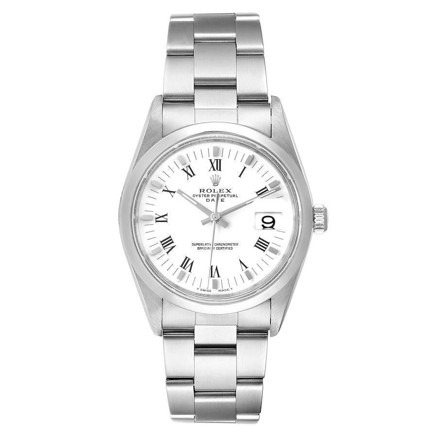 Rolex Date Domed Bezel Oyster Bracelet Steel Mens Watch 15200. Officially certified chronometer self-winding movement. Stainless steel oyster case 34 mm in diameter. Rolex logo on a crown. Stainless steel smooth domed bezel. Scratch resistant