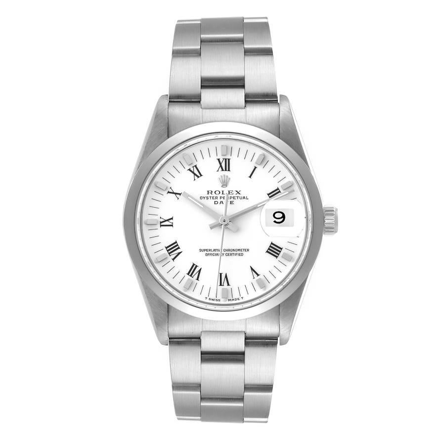 Rolex Date Domed Bezel Oyster Bracelet Steel Mens Watch 15200. Officially certified chronometer self-winding movement. Stainless steel oyster case 34 mm in diameter. Rolex logo on a crown. Stainless steel smooth domed bezel. Scratch resistant
