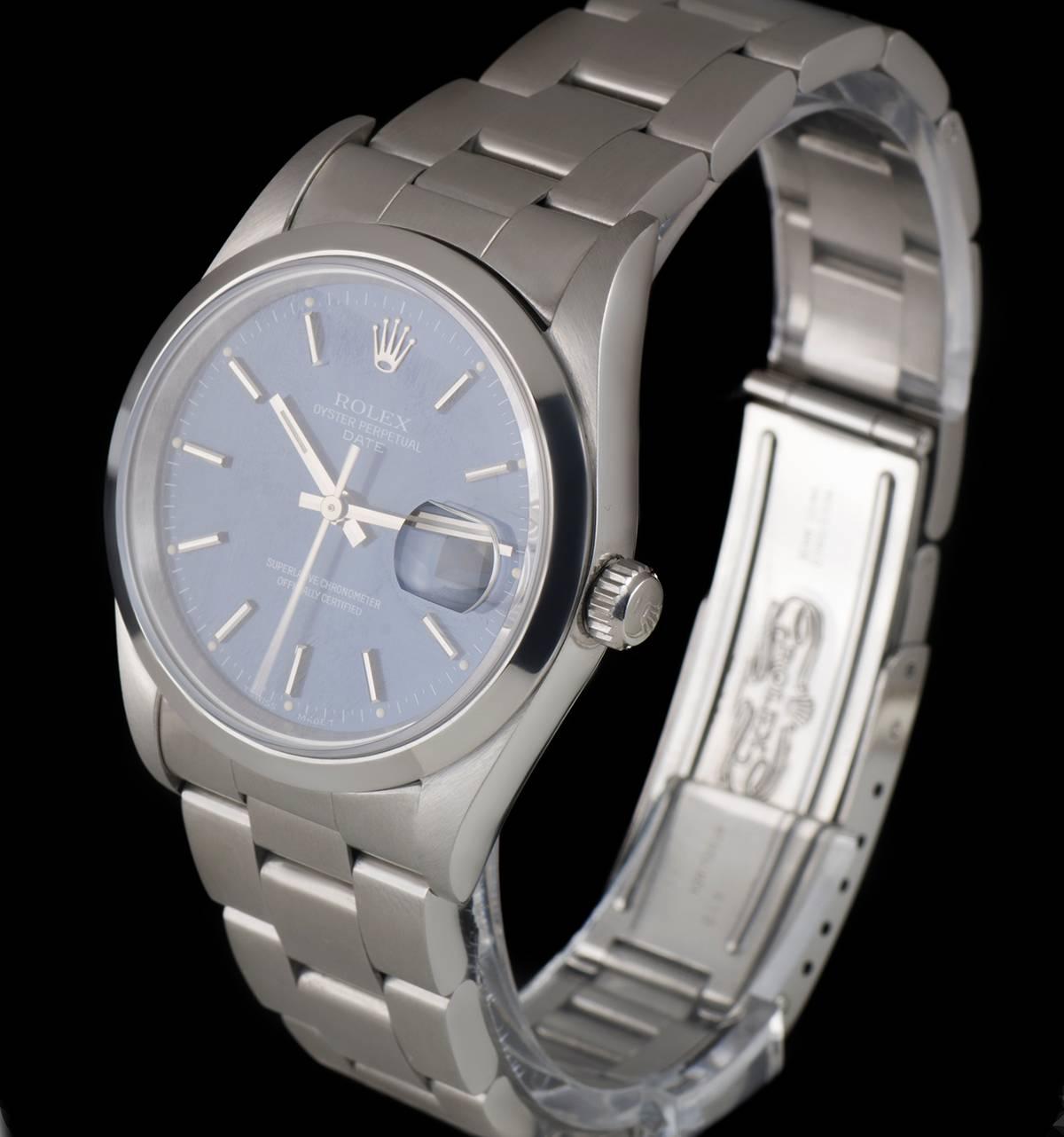 A Stainless Steel Oyster Perpetual Date Gents Wristwatch, blue dial with applied hour markers, date at 3 0'clock, a fixed stainless steel smooth bezel, a stainless steel oyster bracelet with a stainless steel deployant clasp, sapphire glass,