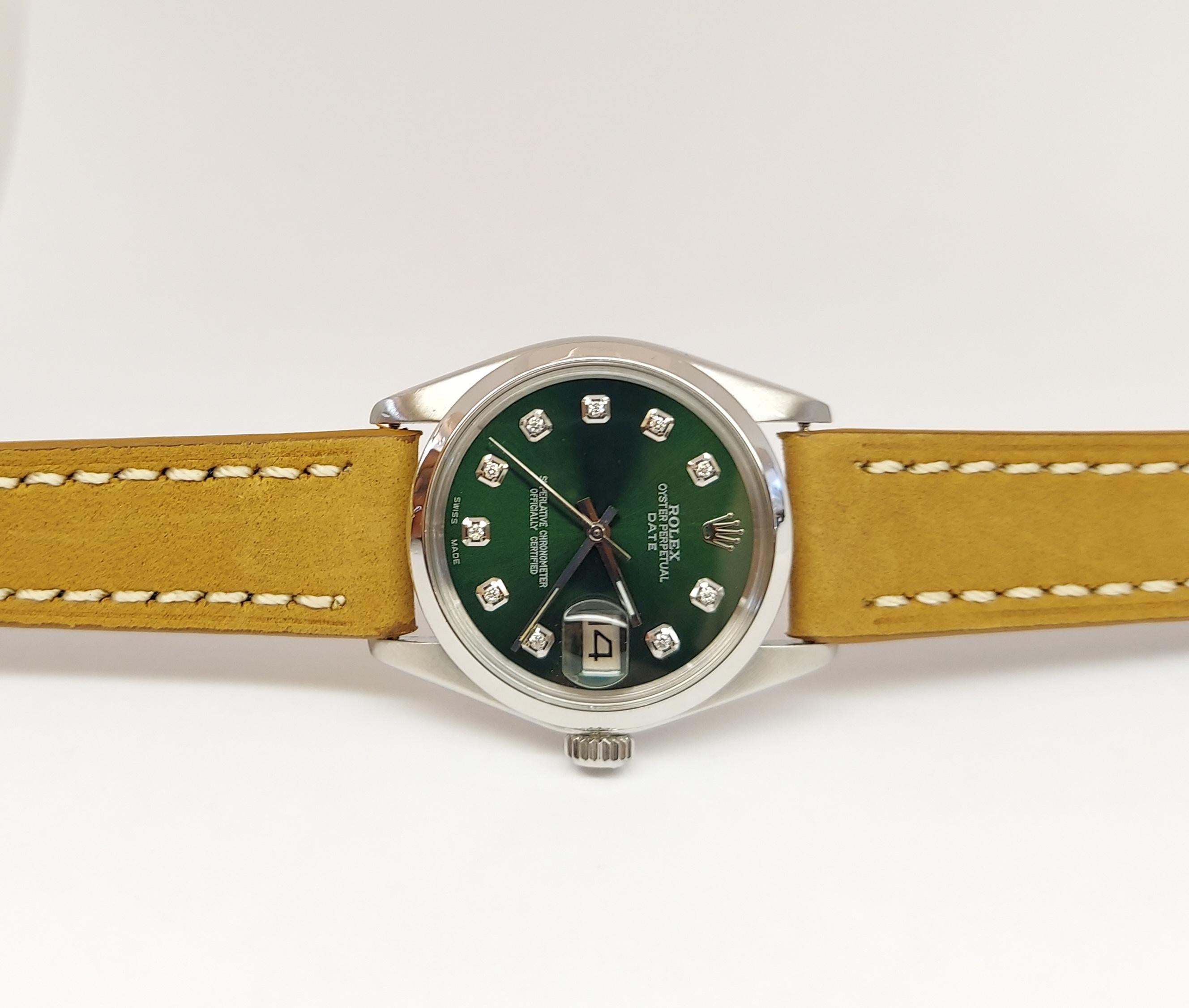 Brand - Rolex 
Model - 1500 (DATE)
Case size - 34mm
Bezel - Smooth Steel 
Crystal -Acrylic 
Metals - Steel 
Dial - Refinished Green Diamond
Movement - Automatic CAL.1570
Band - Generic Brown Leather

Two-Year in house Warranty
New Generic watch Box
