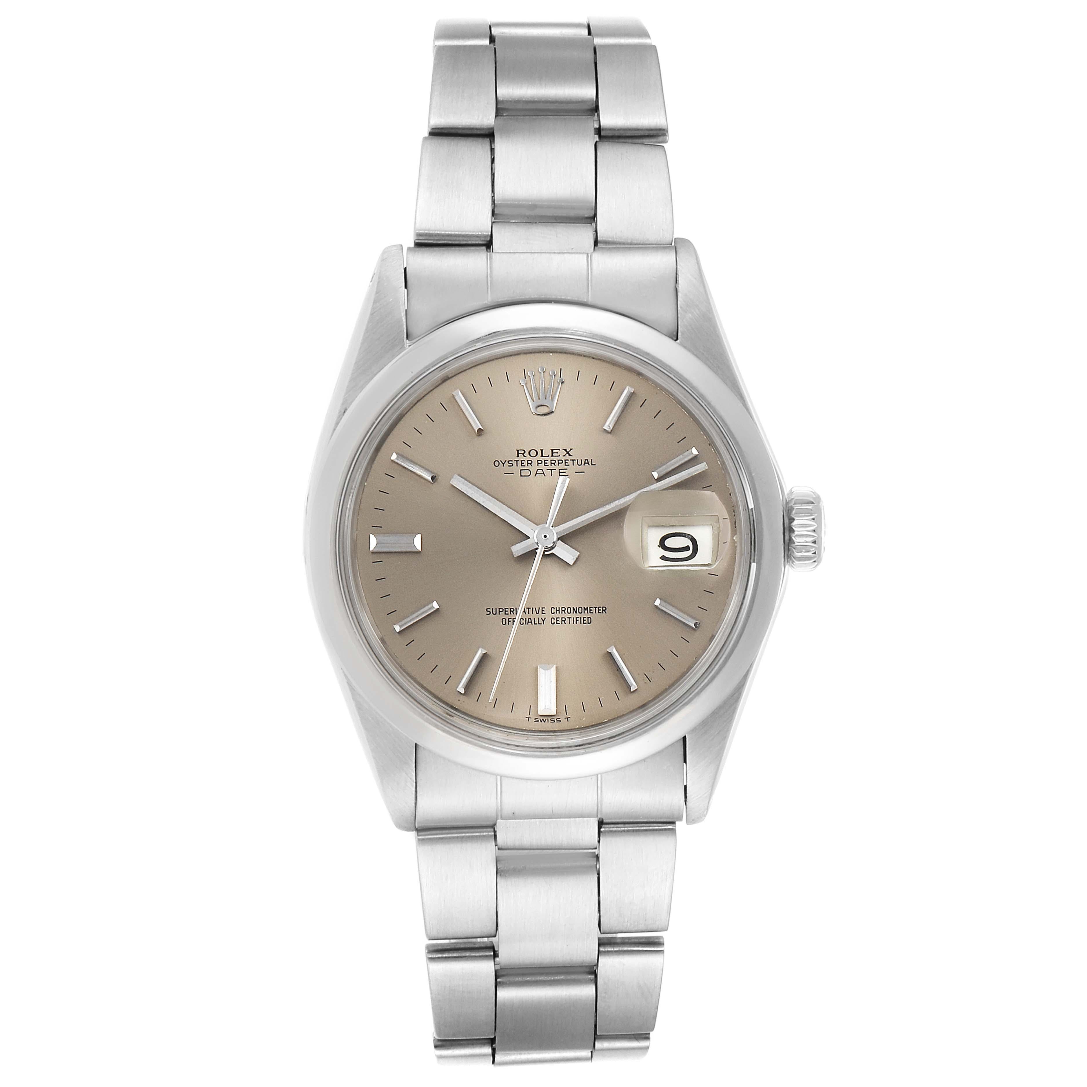 Rolex Date Grey Dial Domed Bezel Vintage Mens Watch 1500. Officially certified chronometer self-winding movement. Stainless steel oyster case 35.0 mm in diameter. Rolex logo on a crown. Stainless steel smooth domed bezel. Acrylic crystal with