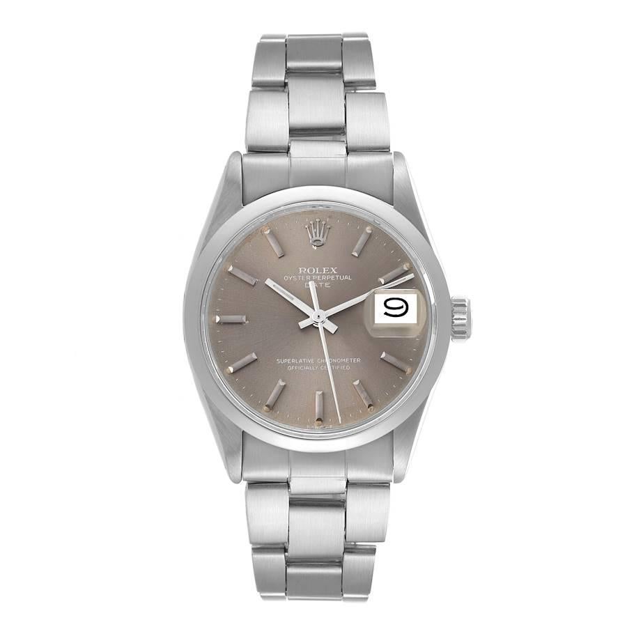 Rolex Date Grey Ghost Dial Smooth Bezel Steel Vintage Mens Watch 1500. Officially certified chronometer automatic self-winding movement. Stainless steel oyster case 35.0 mm in diameter. Rolex logo on the crown. Stainless steel smooth bezel. Acrylic