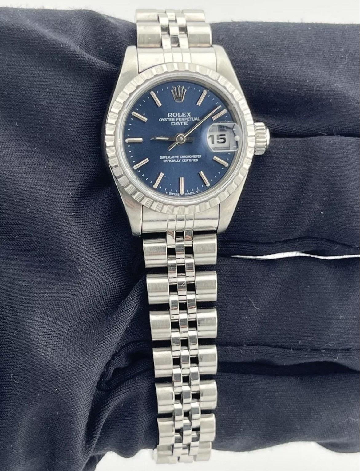Rolex Date Ladies Stainless Steel Watch Quickset Jubilee Band Blue Dial 69240 For Sale 3