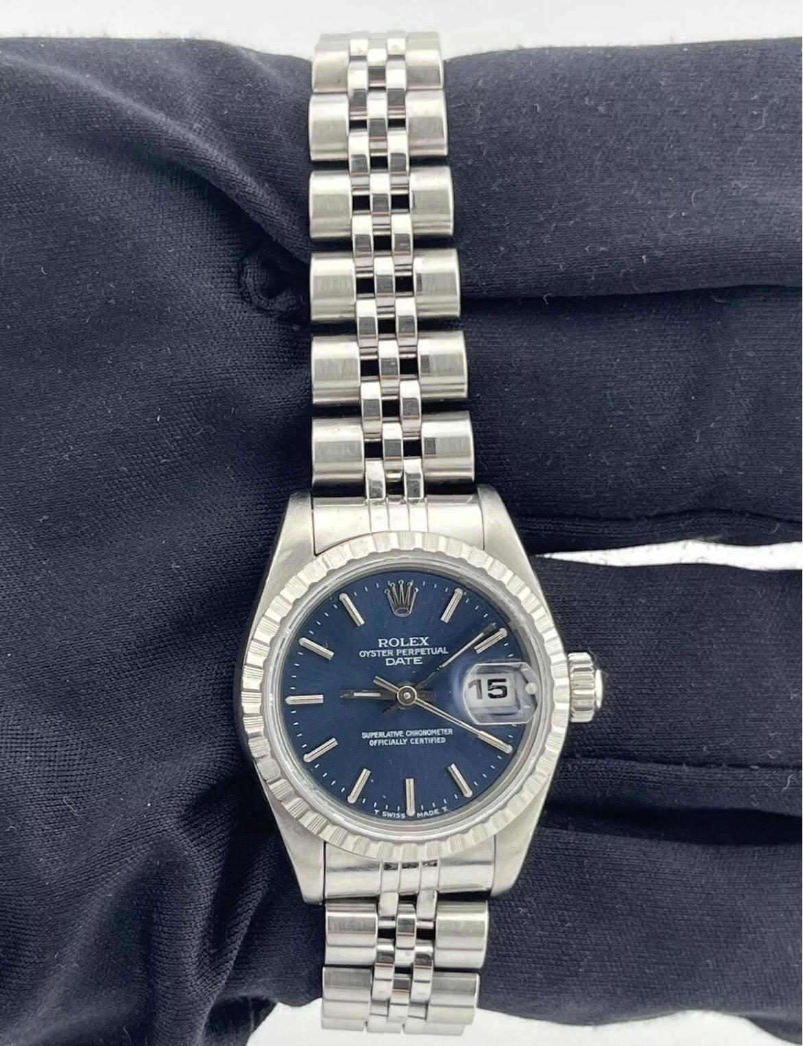 Rolex Date Ladies Stainless Steel Watch Quickset Jubilee Band Blue Dial 69240 For Sale 4