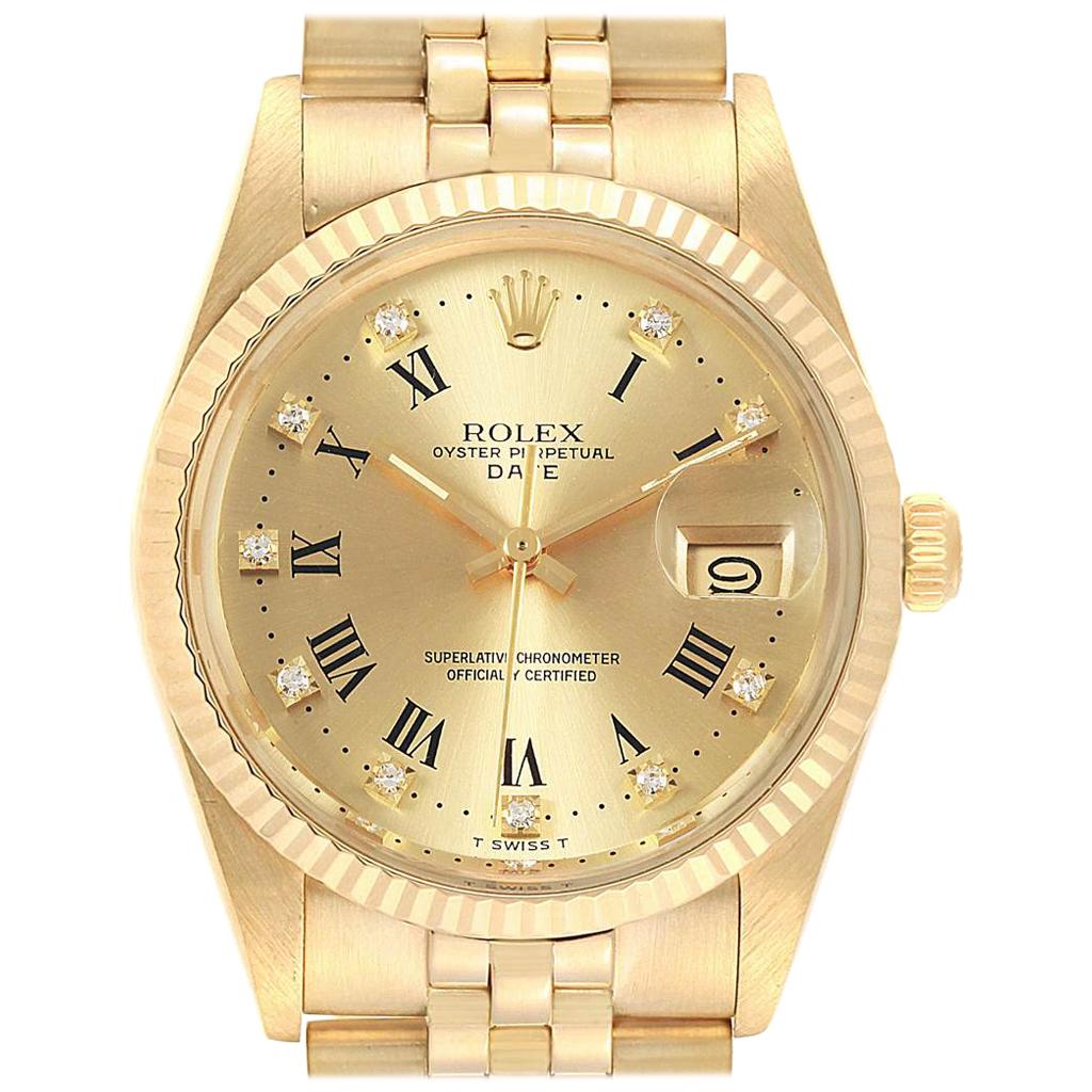 Rolex Date Men's 14 Karat Yellow Gold Diamond Vintage Men's Watch 15037 For Sale