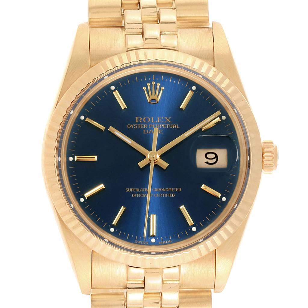 Rolex Date Mens 14K Yellow Gold Blue Dial Vintage Mens Watch 15037. Officially certified chronometer self-winding movement. 14k yellow gold case 34.0 mm in diameter. Rolex logo on a crown. 14k yellow gold fluted bezel. Acrylic crystal with cyclops